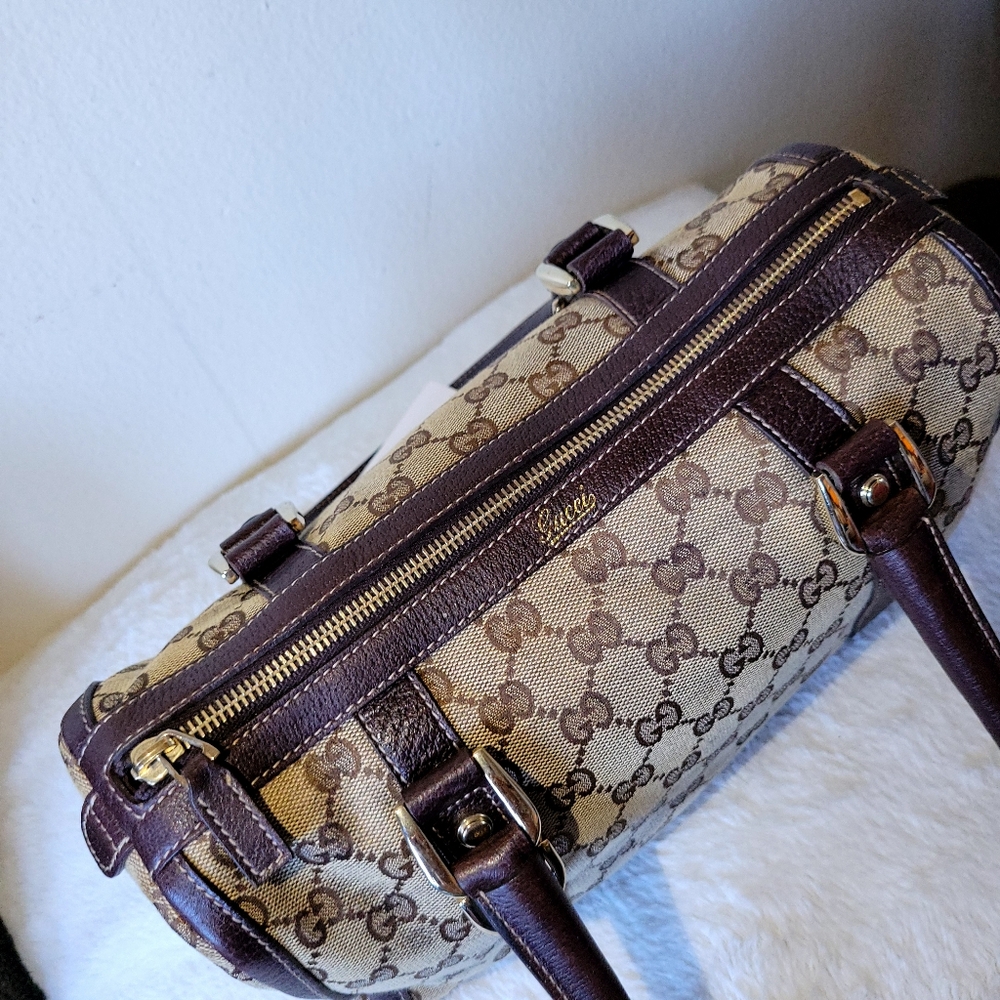 Gucci Beige Logo Canvas and Brown Leather Satchel - Picture 14 of 14